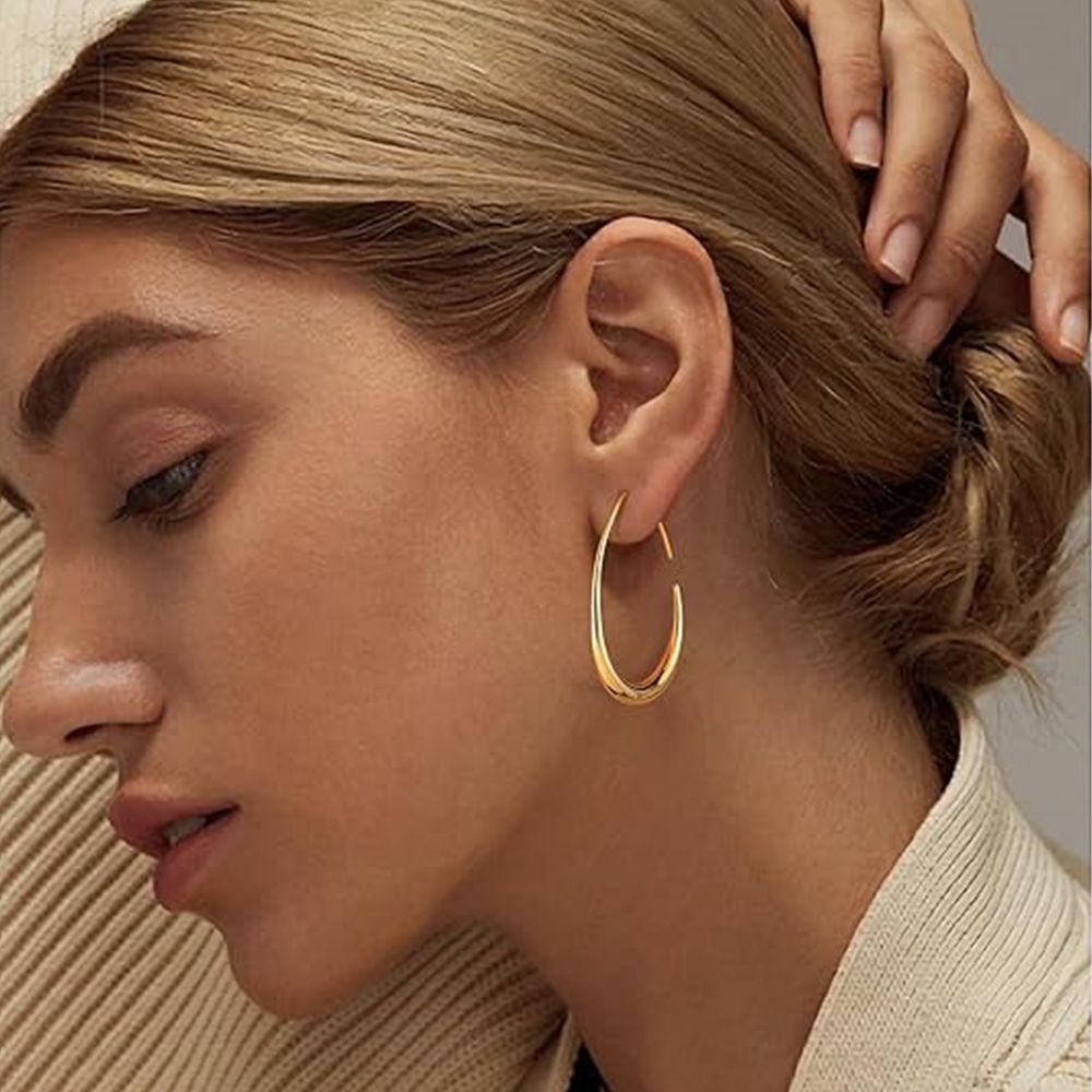 Lightweight Teardrop Hoop Earrings for Women - 14k Gold/White Gold Plated Large Oval Pull Through Hoop Earrings High Polished Statement Jewelry Gift for Women Teen Girls