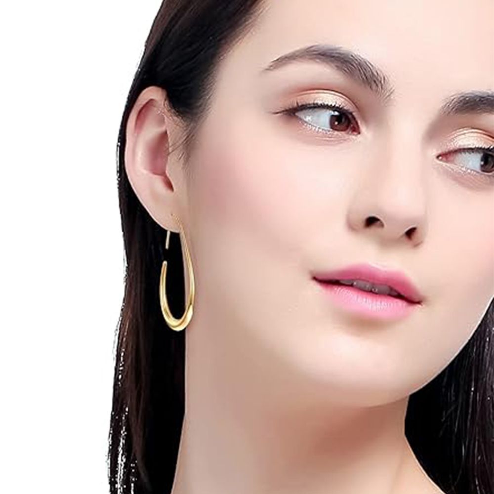 Lightweight Teardrop Hoop Earrings for Women - 14k Gold/White Gold Plated Large Oval Pull Through Hoop Earrings High Polished Statement Jewelry Gift for Women Teen Girls
