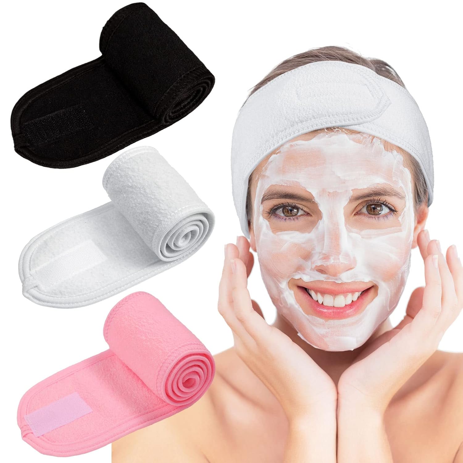 Spa Headband 3 Pack Ultra Soft Adjustable Face Wash Headband Terry Cloth Stretch Make Up Wrap for Face Washing, Shower, Facial Mask, Yoga