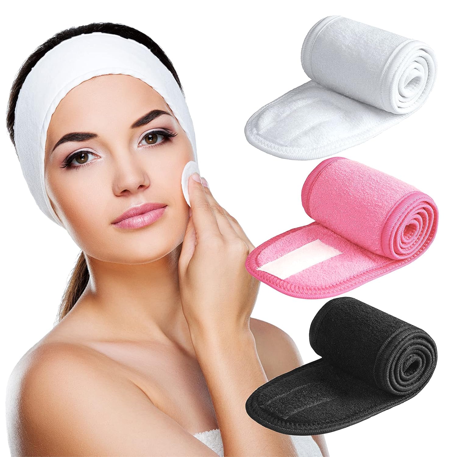 Spa Headband 3 Pack Ultra Soft Adjustable Face Wash Headband Terry Cloth Stretch Make Up Wrap for Face Washing, Shower, Facial Mask, Yoga