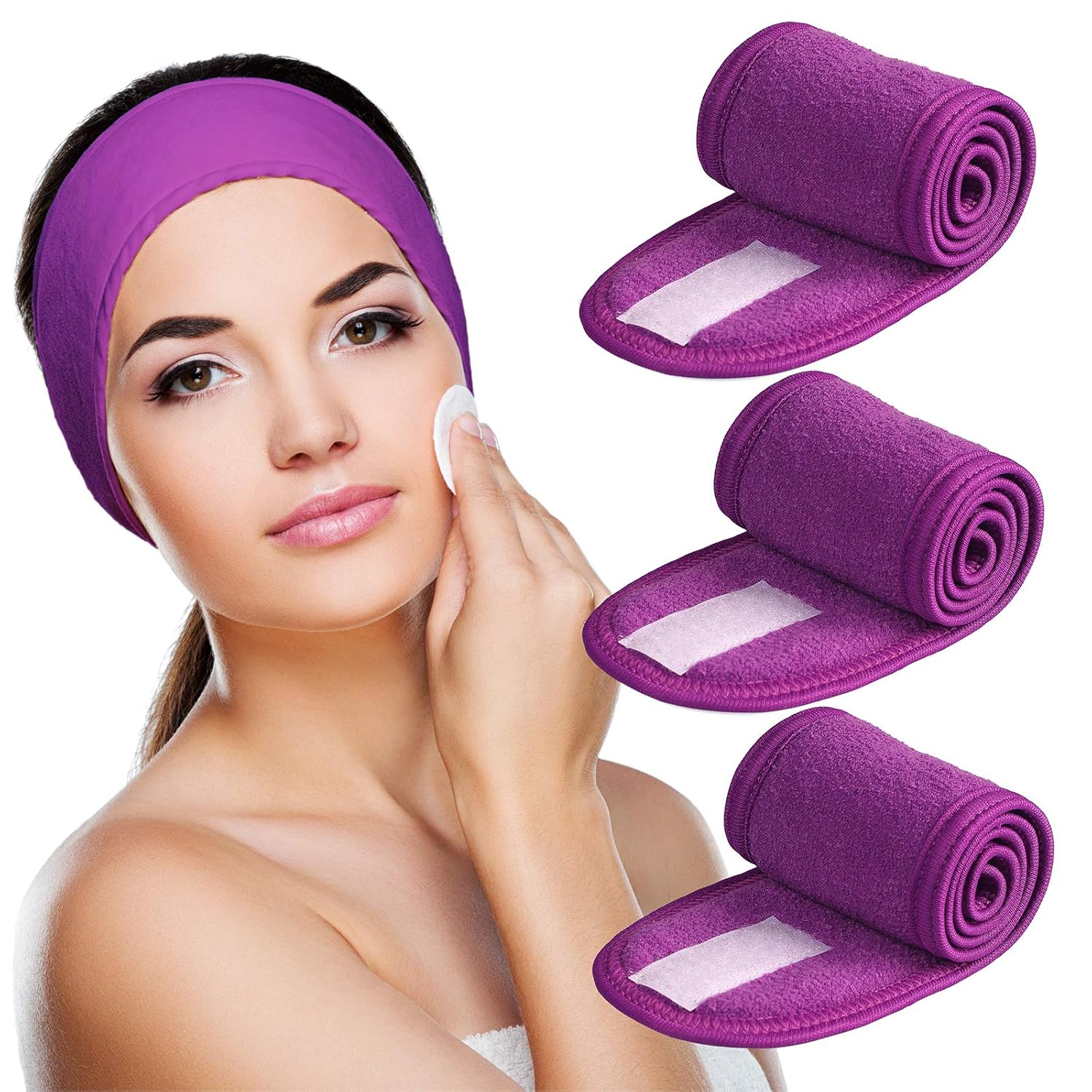 Spa Headband 3 Pack Ultra Soft Adjustable Face Wash Headband Terry Cloth Stretch Make Up Wrap for Face Washing, Shower, Facial Mask, Yoga