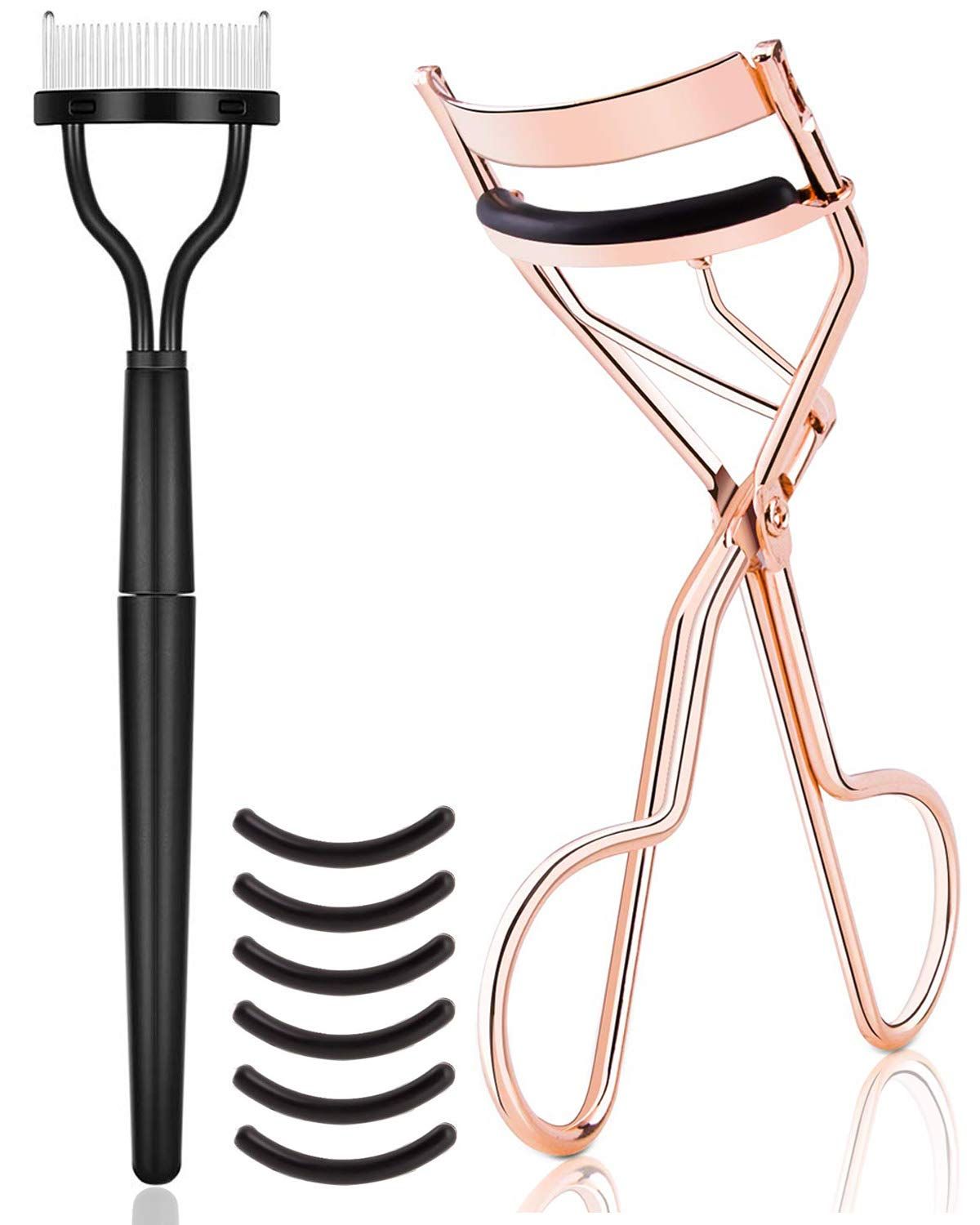 Eyelash Curler Kit Metal Lash Curlers with Mascara Applicator Eyelashes Separator Comb & 6 Replacement Refill Pads