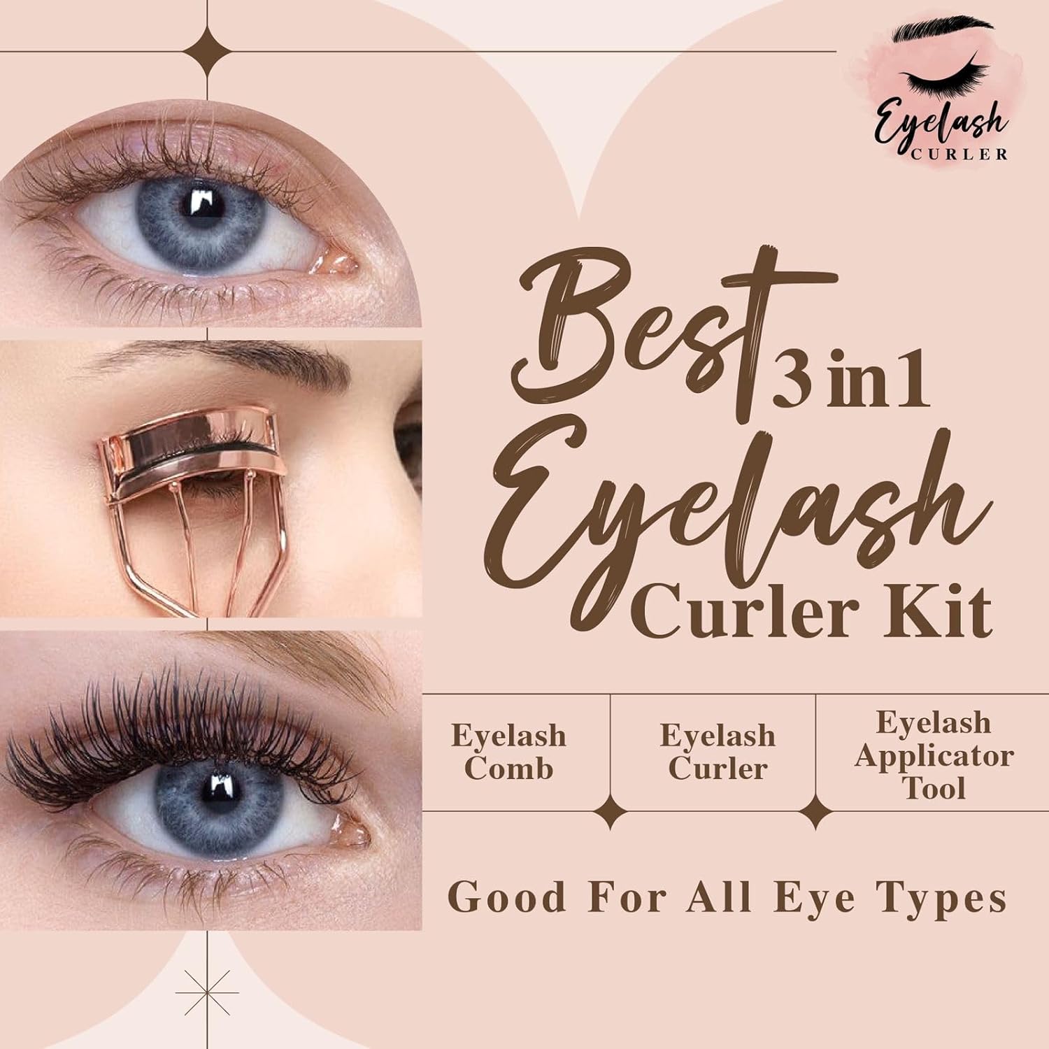 Eyelash Curler Kit Metal Lash Curlers with Mascara Applicator Eyelashes Separator Comb & 6 Replacement Refill Pads
