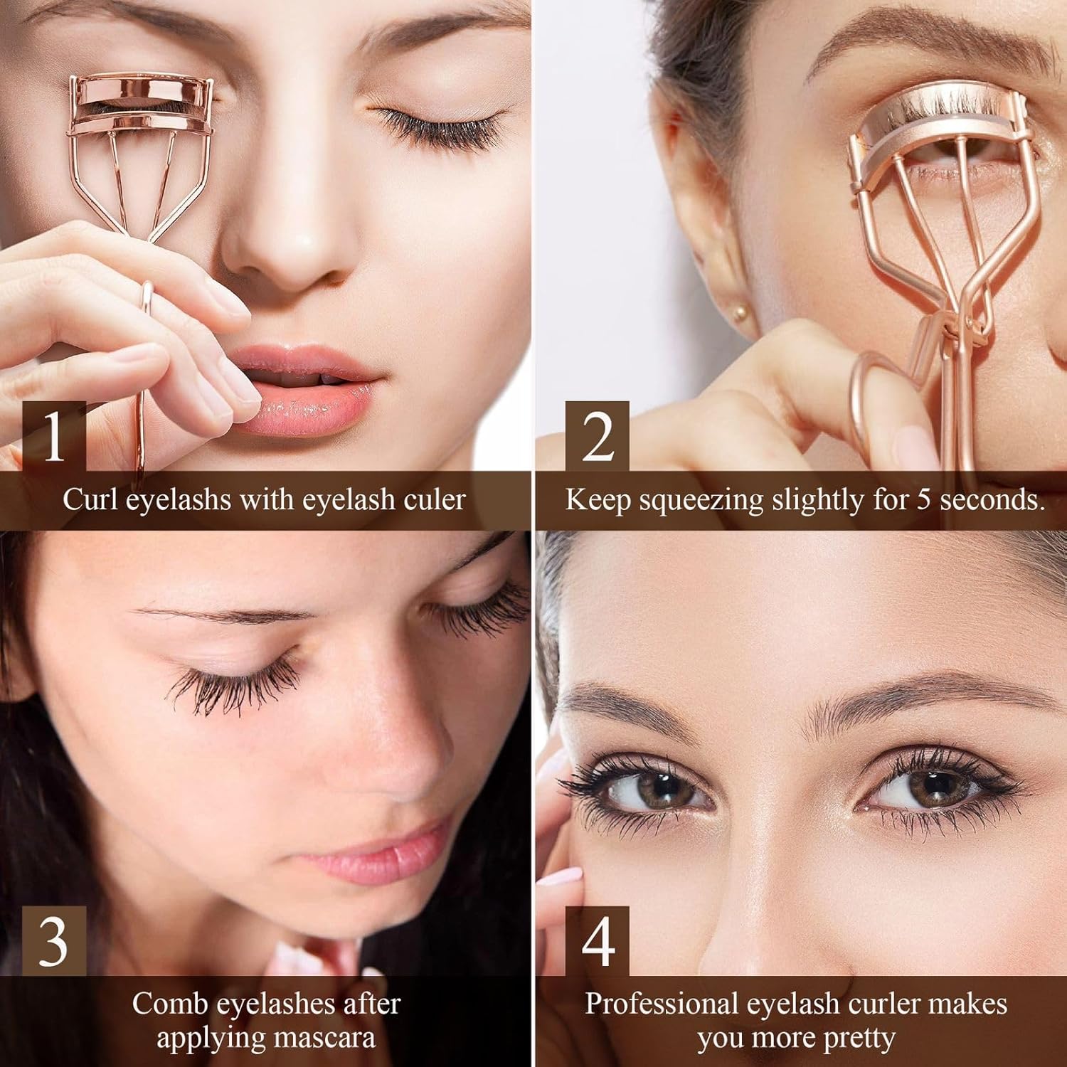 Eyelash Curler Kit Metal Lash Curlers with Mascara Applicator Eyelashes Separator Comb & 6 Replacement Refill Pads