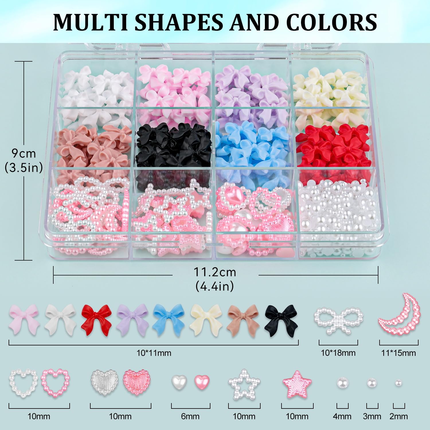 600 Pcs 3D Nail Charms and Flatback Pearls Set 1, 8 Colors Nail Bows Charm + Pink&White Star Heart Moon Cute Nail Jewels + 2-4mm White Nail Pearls for Nail Art DIY Decoration with Pickup Tools