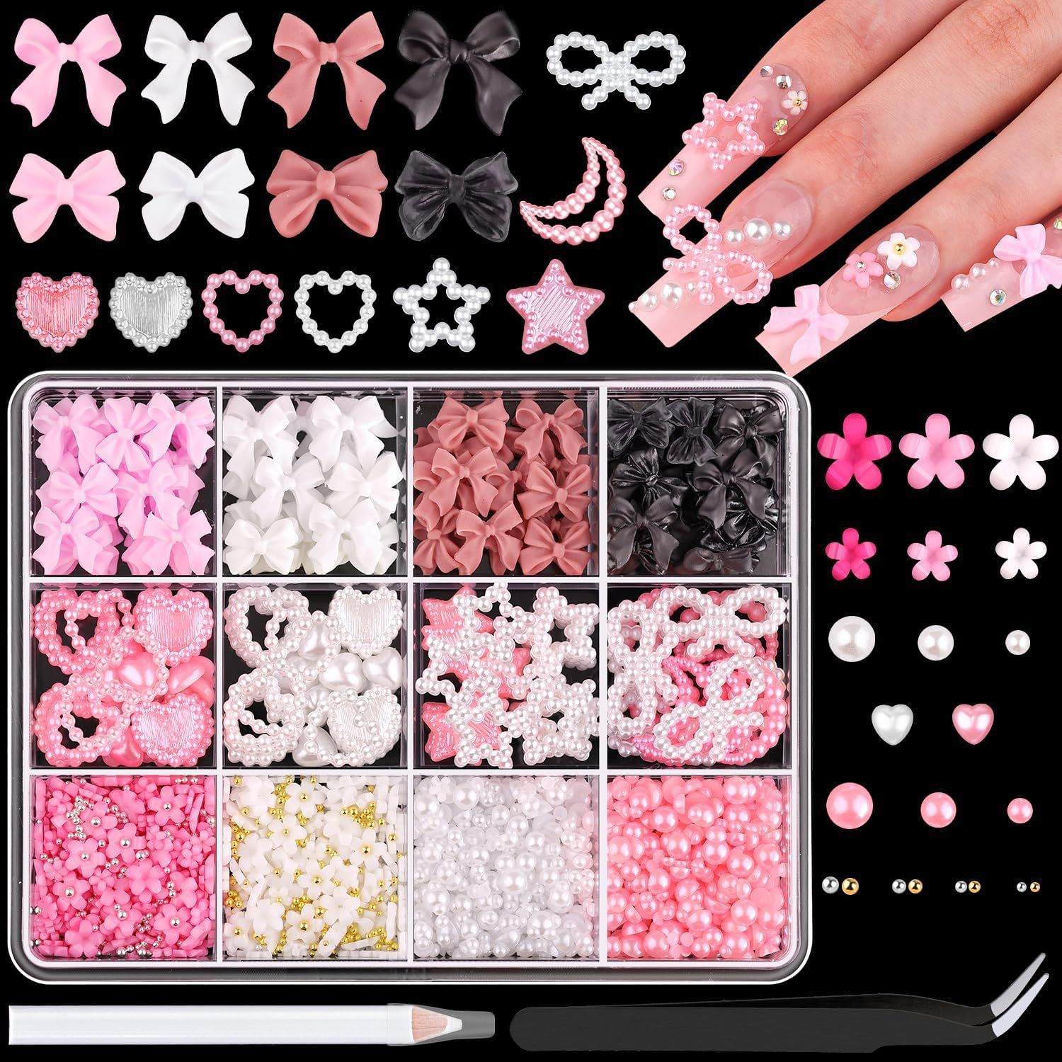 600 Pcs 3D Nail Charms and Flatback Pearls Set 1, 8 Colors Nail Bows Charm + Pink&White Star Heart Moon Cute Nail Jewels + 2-4mm White Nail Pearls for Nail Art DIY Decoration with Pickup Tools