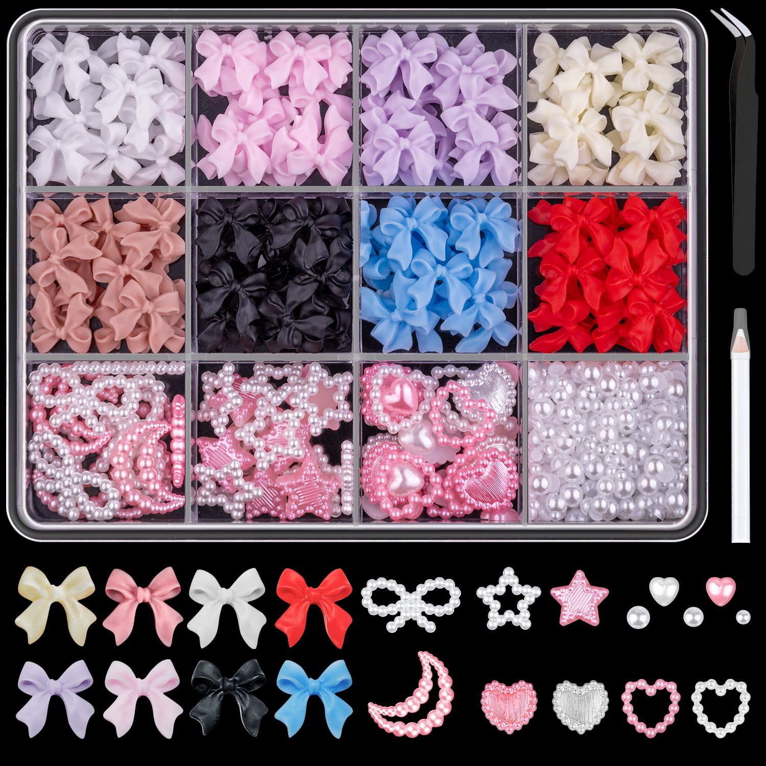 600 Pcs 3D Nail Charms and Flatback Pearls Set 1, 8 Colors Nail Bows Charm + Pink&White Star Heart Moon Cute Nail Jewels + 2-4mm White Nail Pearls for Nail Art DIY Decoration with Pickup Tools