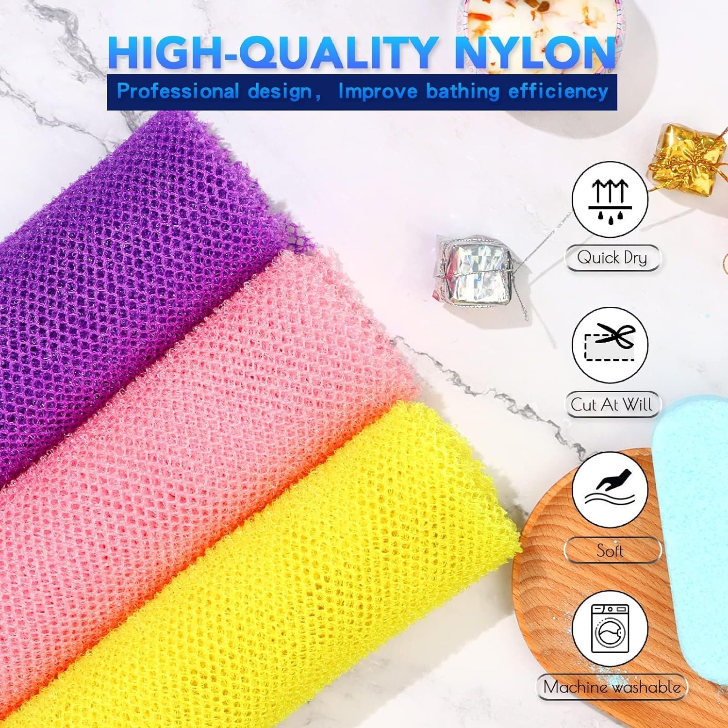 3 Pieces African exfoliating net African Net Long Net Bath Sponge Exfoliating Shower Body Scrubber Back Scrubber Skin Smoother,Great for Daily Use