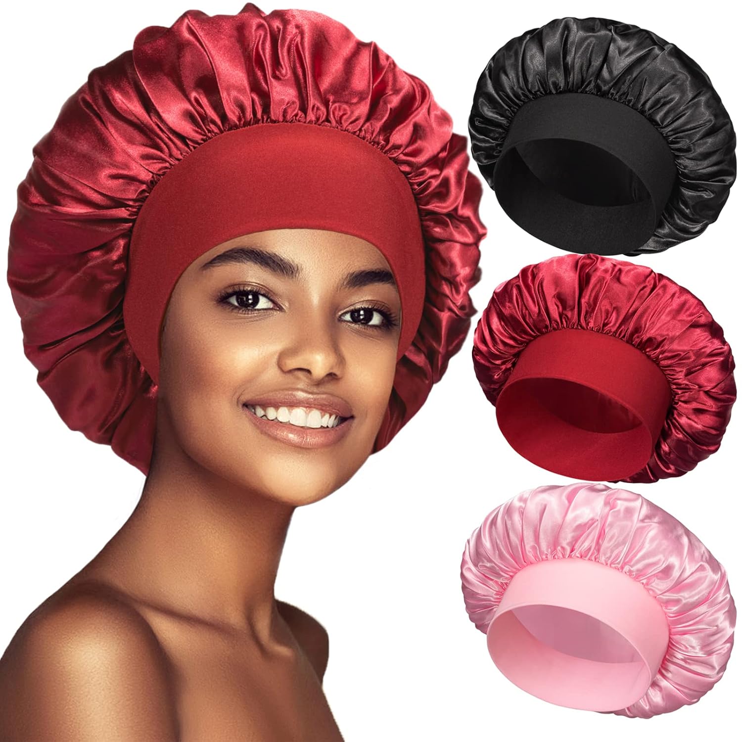 3PCS Silk Bonnet for Sleeping,Hair Satin Bonnets for Black Women Men,Hair Wrap Cap for Curly Hair,Elastic Wide Band Hair Bonnet Shower Cap for Sleeping