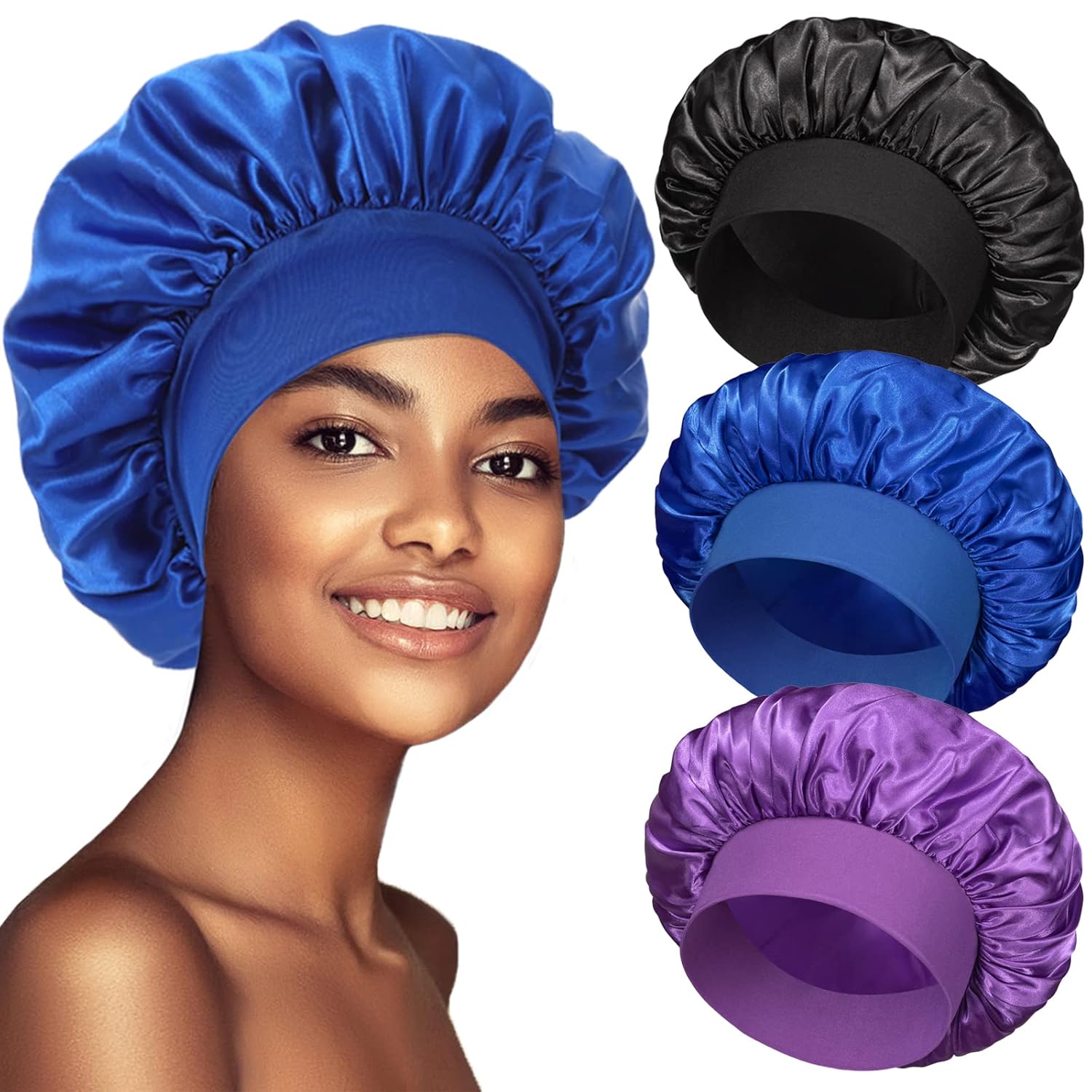 3PCS Silk Bonnet for Sleeping,Hair Satin Bonnets for Black Women Men,Hair Wrap Cap for Curly Hair,Elastic Wide Band Hair Bonnet Shower Cap for Sleeping