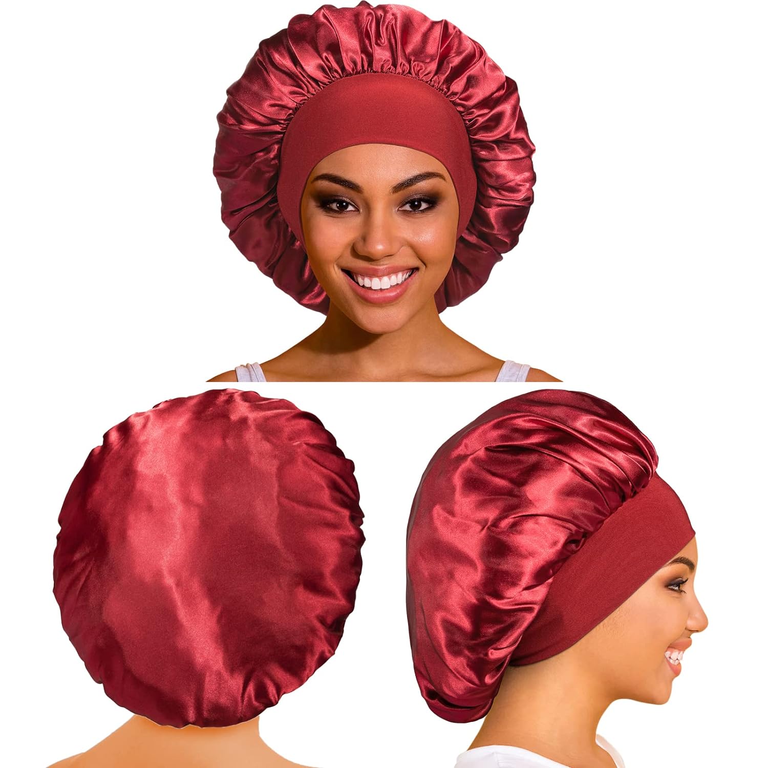 3PCS Silk Bonnet for Sleeping,Hair Satin Bonnets for Black Women Men,Hair Wrap Cap for Curly Hair,Elastic Wide Band Hair Bonnet Shower Cap for Sleeping