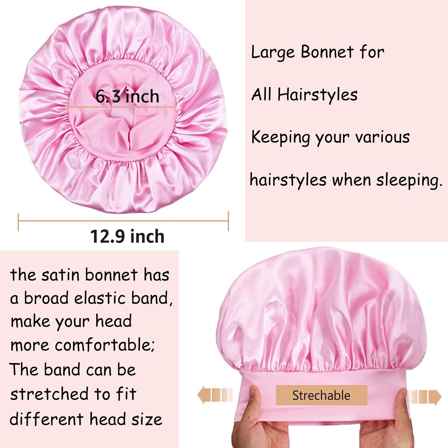 3PCS Silk Bonnet for Sleeping,Hair Satin Bonnets for Black Women Men,Hair Wrap Cap for Curly Hair,Elastic Wide Band Hair Bonnet Shower Cap for Sleeping