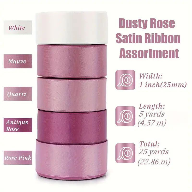 5 Rolls Satin Ribbon, 1 Inch x 5 Yards, 25 Yards Satin Ribbon Set, Silk Satin Ribbons for Fall Wedding Flower Bouquet Wrap Hair Bows Making Gift Wrapping and Crafts