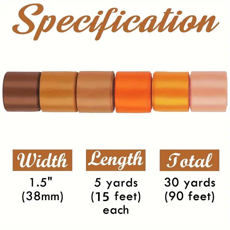 6 Rolls 1.5 Inch x 5 Yards (Total 30 Yards) Satin Ribbon, Silk Satin Ribbons for Fall Wedding Flower Bouquet Wrap Hair Bows Making Gift Wrapping and Crafts