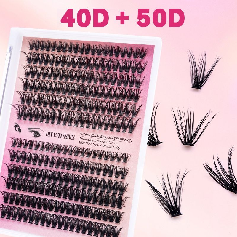 DIY Lash Extension Kit Volume Lash Clusters 40D+50D D Curl Individual Lashes Lash Clusters Kit Thick Eyelash Extension Kit 280 pcs Thin Band Cluster Lashes Lash Bond and Seal Lash Tweezers
