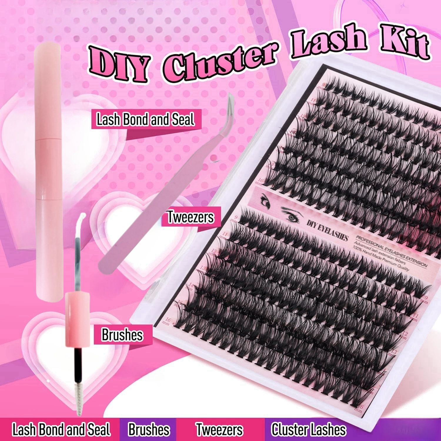 DIY Lash Extension Kit Volume Lash Clusters 40D+50D D Curl Individual Lashes Lash Clusters Kit Thick Eyelash Extension Kit 280 pcs Thin Band Cluster Lashes Lash Bond and Seal Lash Tweezers