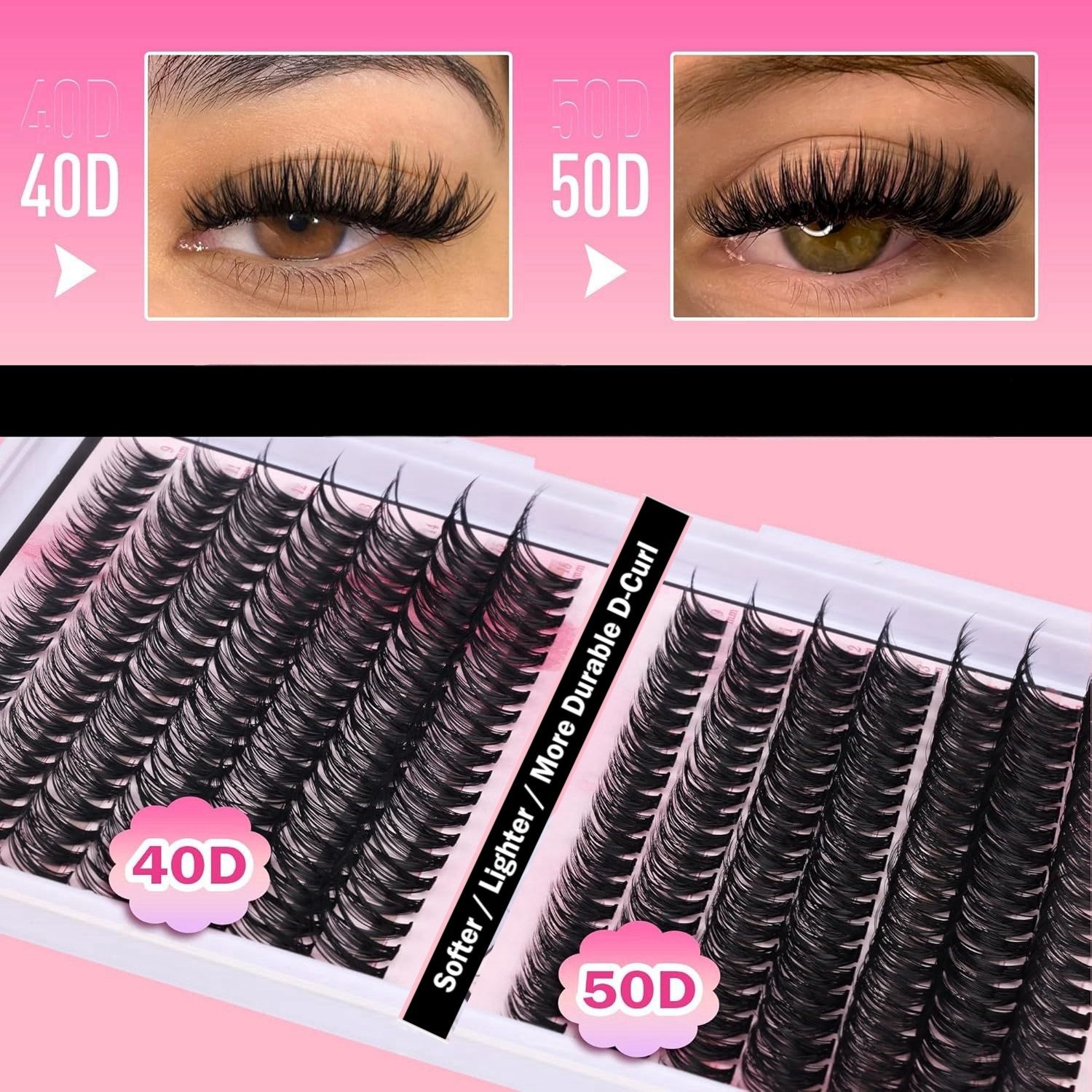 DIY Lash Extension Kit Volume Lash Clusters 40D+50D D Curl Individual Lashes Lash Clusters Kit Thick Eyelash Extension Kit 280 pcs Thin Band Cluster Lashes Lash Bond and Seal Lash Tweezers