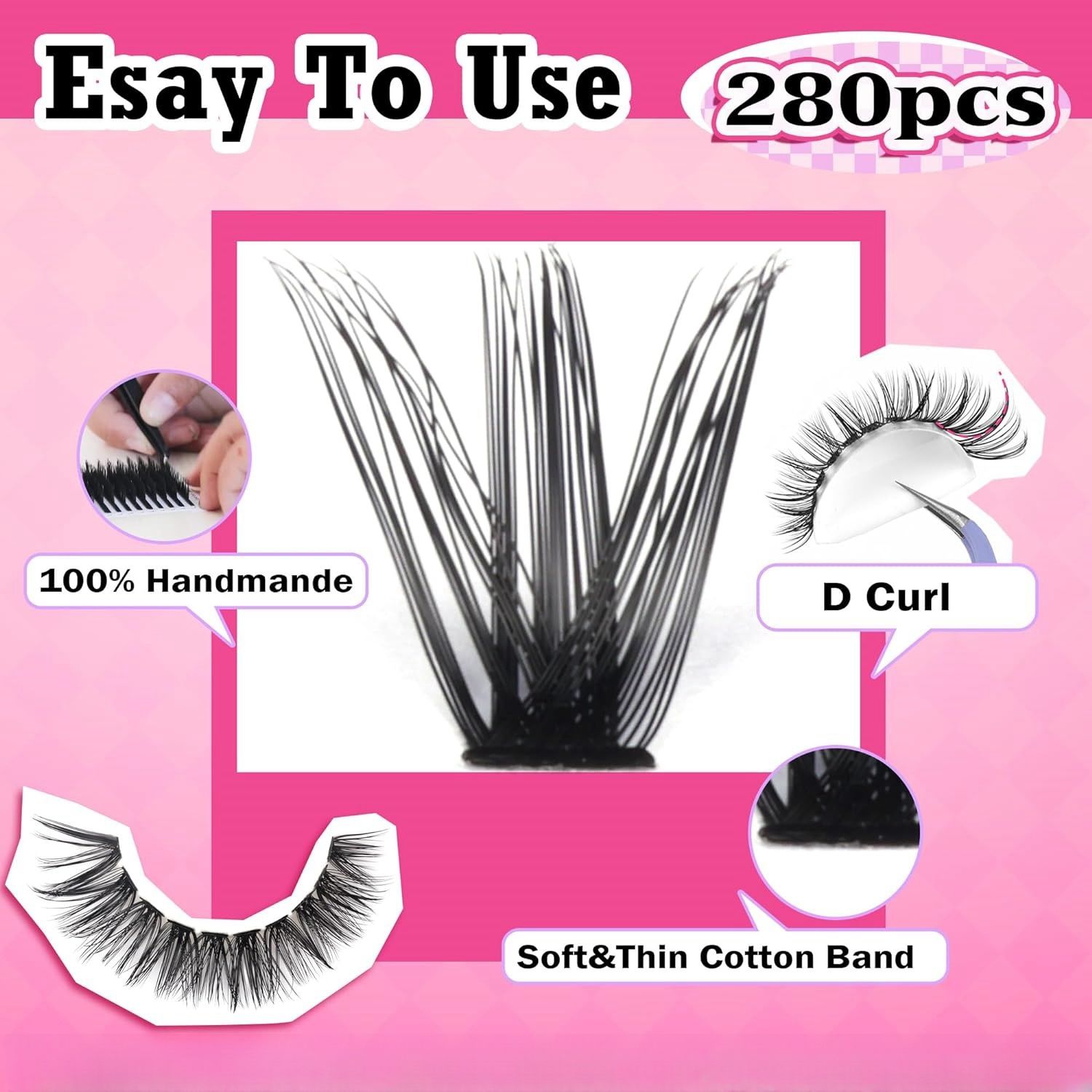 DIY Lash Extension Kit Volume Lash Clusters 40D+50D D Curl Individual Lashes Lash Clusters Kit Thick Eyelash Extension Kit 280 pcs Thin Band Cluster Lashes Lash Bond and Seal Lash Tweezers