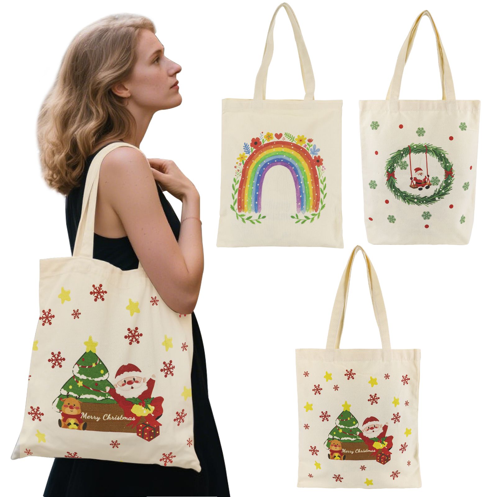 Canvas Tote Bag Double-Sided Prints with Snap Closure, Cute Tote Bag with Pocket for Christmas Gifts, Shopping, Library, Work, Travel