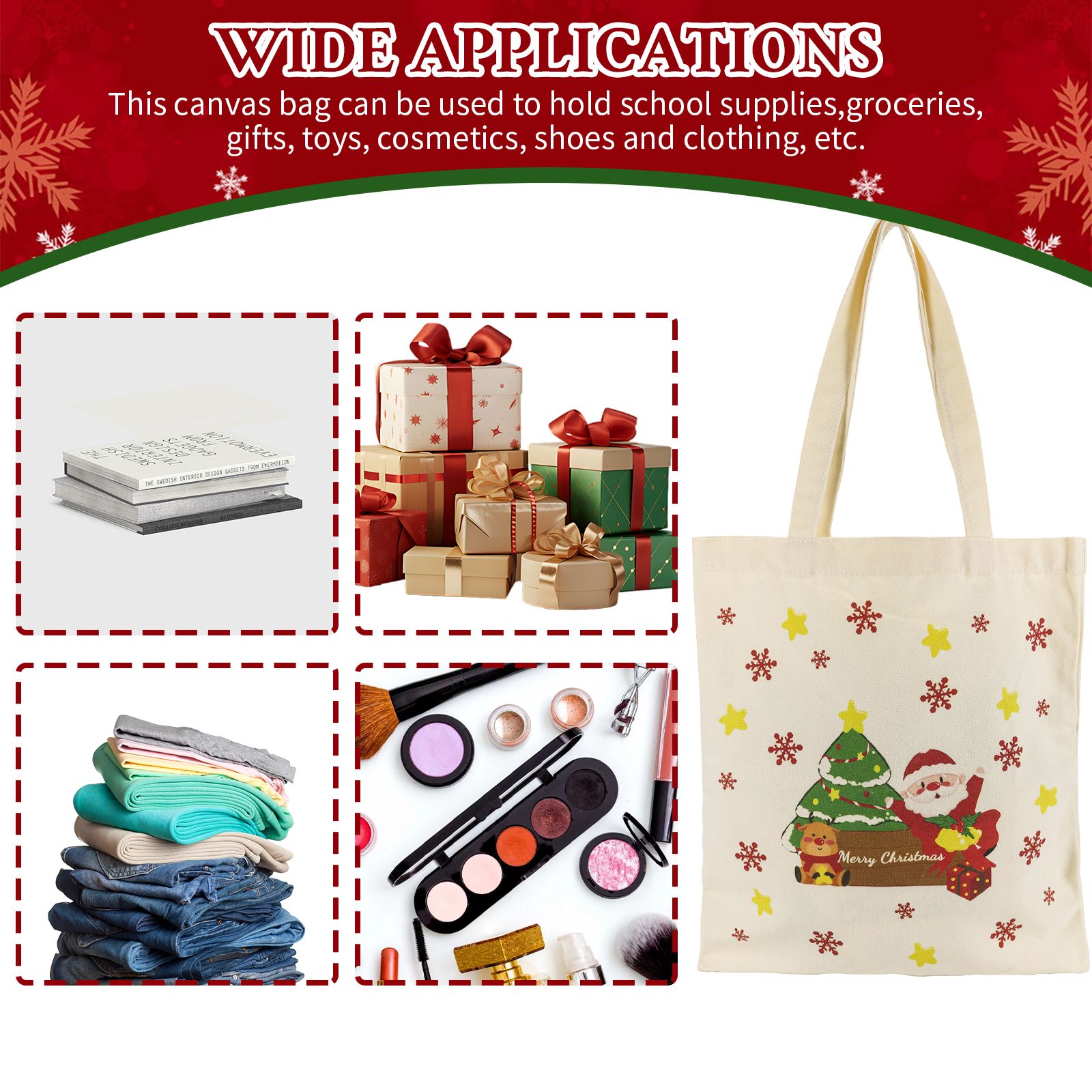 Canvas Tote Bag Double-Sided Prints with Snap Closure, Cute Tote Bag with Pocket for Christmas Gifts, Shopping, Library, Work, Travel