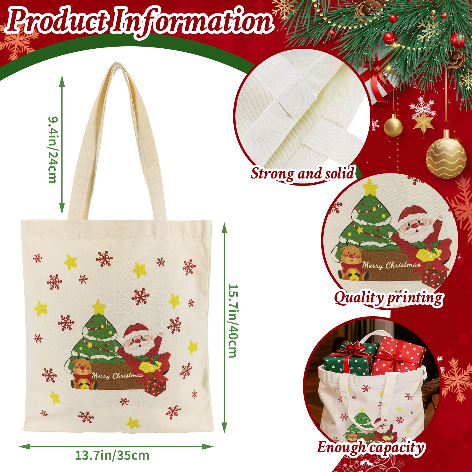 Canvas Tote Bag Double-Sided Prints with Snap Closure, Cute Tote Bag with Pocket for Christmas Gifts, Shopping, Library, Work, Travel