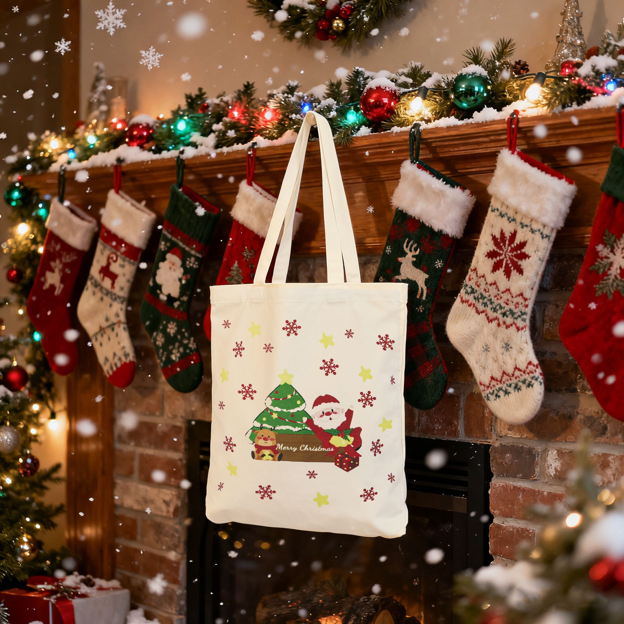 Canvas Tote Bag Double-Sided Prints with Snap Closure, Cute Tote Bag with Pocket for Christmas Gifts, Shopping, Library, Work, Travel