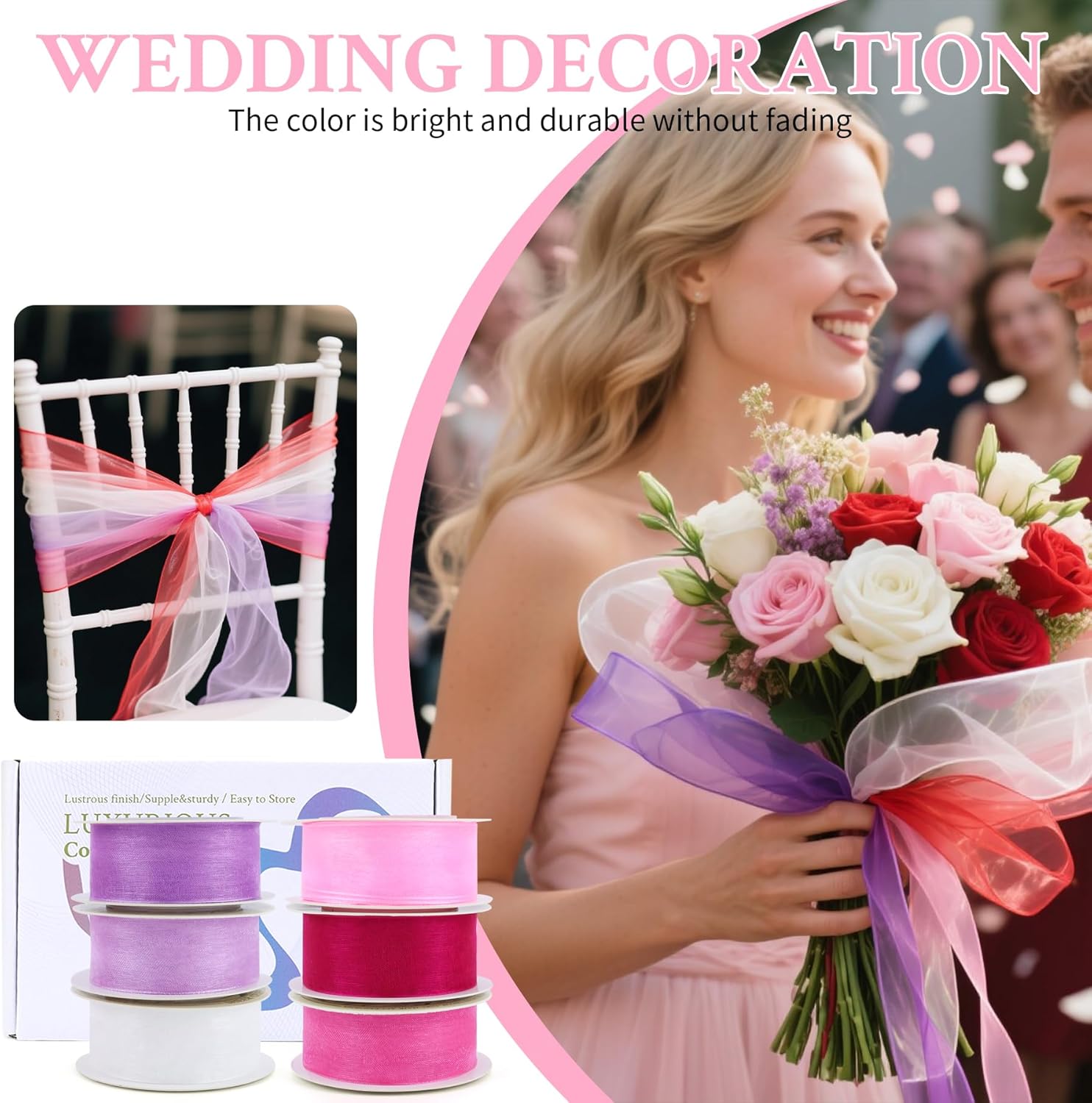 1 Inch x 60 Yd Sheer Chiffon Ribbons Mixed Color Organza Ribbons Set 10 Yd x 6 Rolls For Wedding Christmas Decorations,Gift Wrapping, Bows Making, Floral Bouquets Wrapping and Handmade Craft Supplies