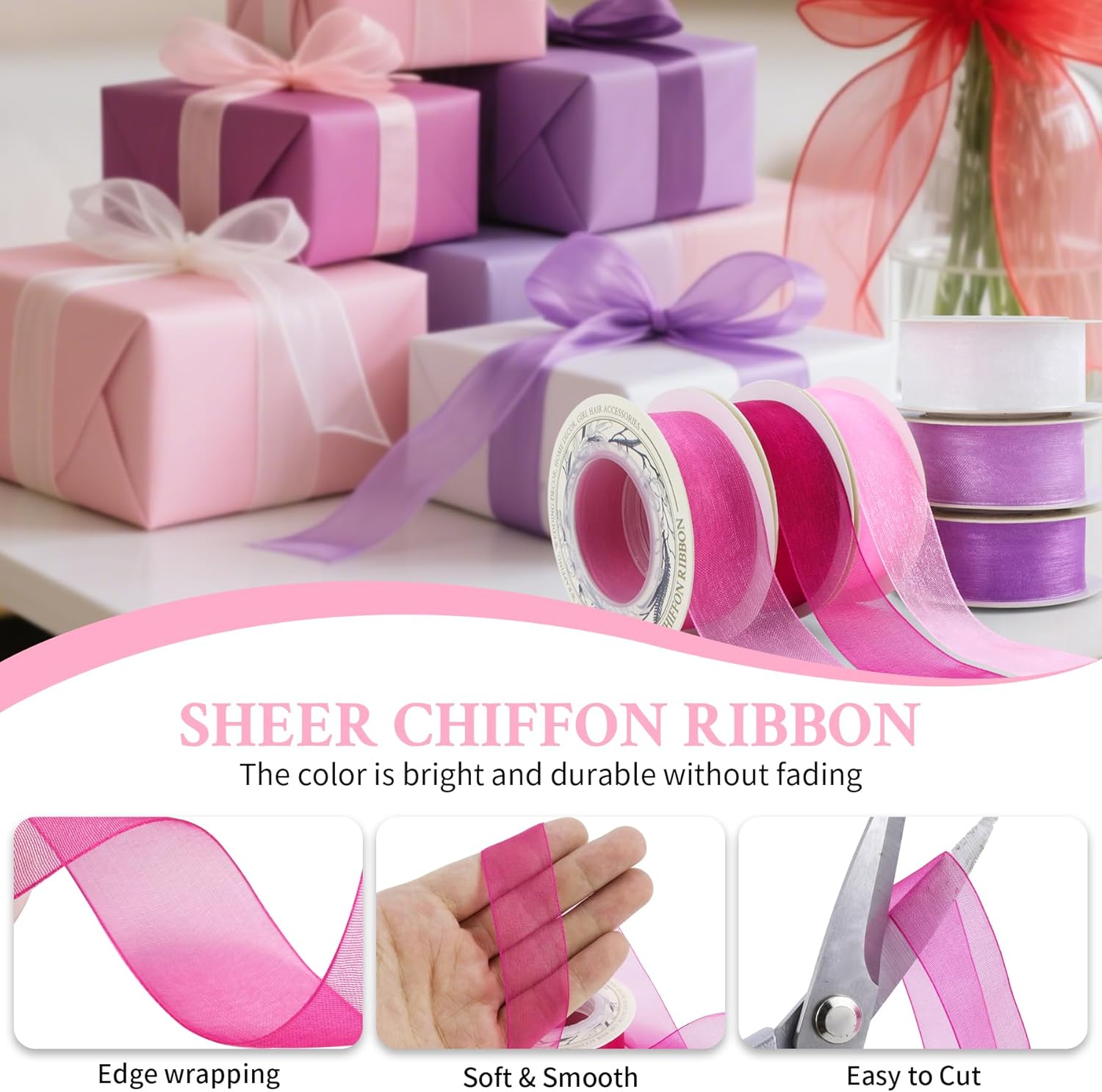 1 Inch x 60 Yd Sheer Chiffon Ribbons Mixed Color Organza Ribbons Set 10 Yd x 6 Rolls For Wedding Christmas Decorations,Gift Wrapping, Bows Making, Floral Bouquets Wrapping and Handmade Craft Supplies