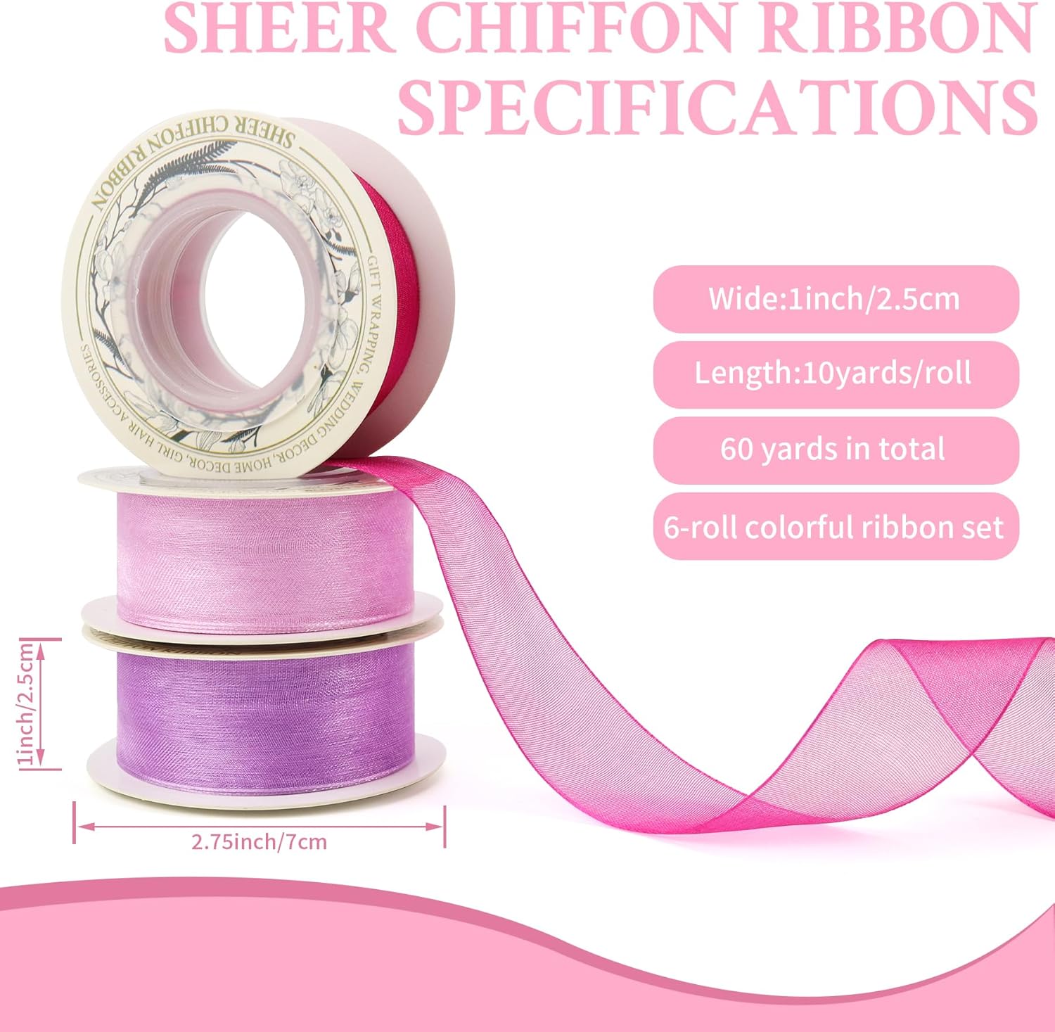 1 Inch x 60 Yd Sheer Chiffon Ribbons Mixed Color Organza Ribbons Set 10 Yd x 6 Rolls For Wedding Christmas Decorations,Gift Wrapping, Bows Making, Floral Bouquets Wrapping and Handmade Craft Supplies
