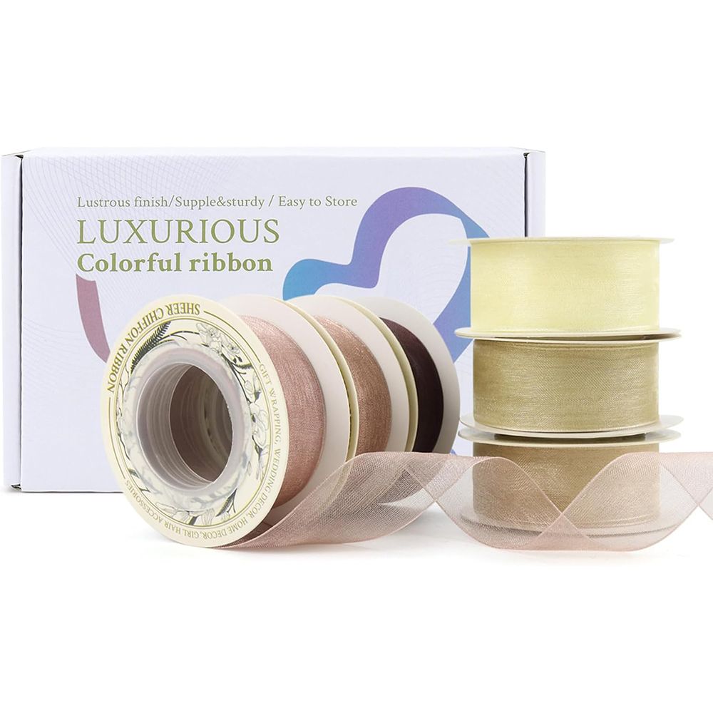 1 Inch x 60 Yd Sheer Chiffon Ribbons Mixed Color Organza Ribbons Set 10 Yd x 6 Rolls For Wedding Christmas Decorations,Gift Wrapping, Bows Making, Floral Bouquets Wrapping and Handmade Craft Supplies