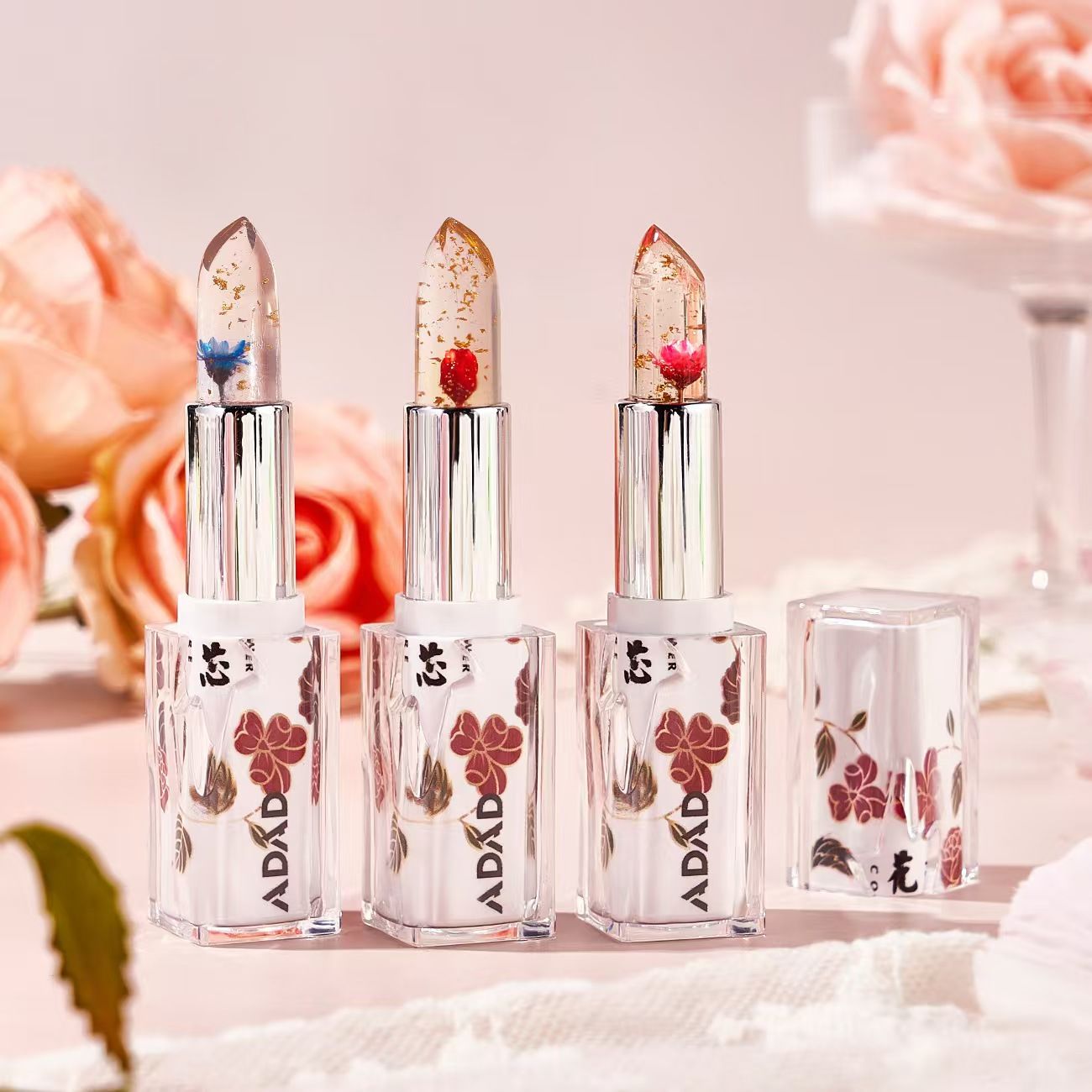FOR 3PCS Crystal Color change Flower lipstick Gold Foil hydrating non-stick cup Warm change thousand thousand color Silky lipstick engraved