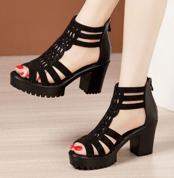 Women's Shoe Heels High Heel Fish Mouth Women Summer Thick Sole Waterproof Platform Straight Line Ladies Open Shoes Ladys Office Shoes Slippers Black Mom Shoes Girls School Shoes