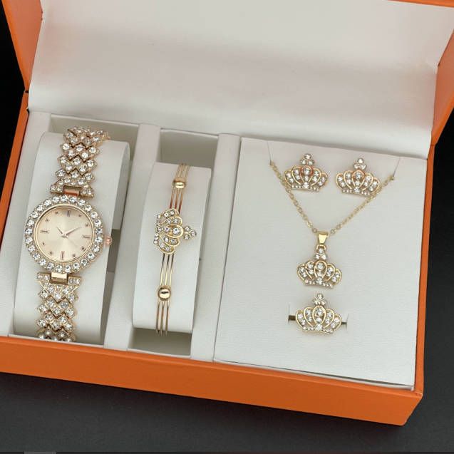 5-Piece women Gold watch Set Fashionable Exquisite Temperament Accessories Bracelets Necklaces Rings Earrings Suitable Parties girl watch set  Fast delivery within 1-5 days