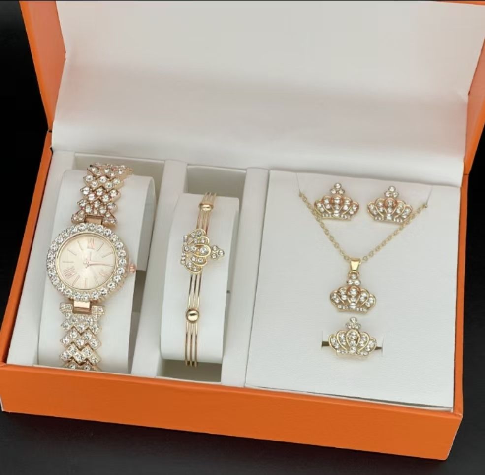 5-Piece women Gold watch Set Fashionable Exquisite Temperament Accessories Bracelets Necklaces Rings Earrings Suitable Parties girl watch set  Fast delivery within 1-5 days
