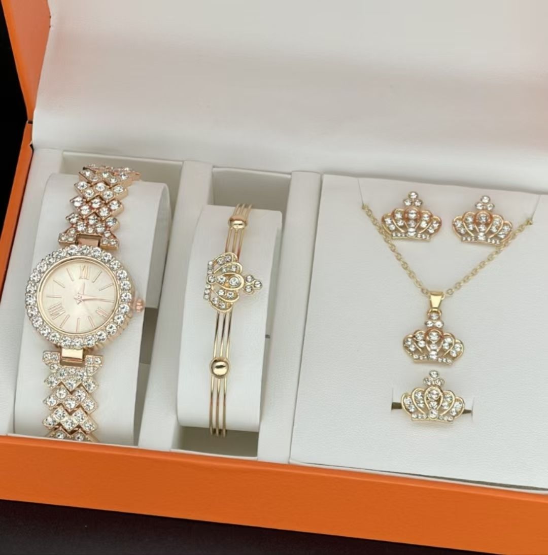 5-Piece women Gold watch Set Fashionable Exquisite Temperament Accessories Bracelets Necklaces Rings Earrings Suitable Parties girl watch set  Fast delivery within 1-5 days