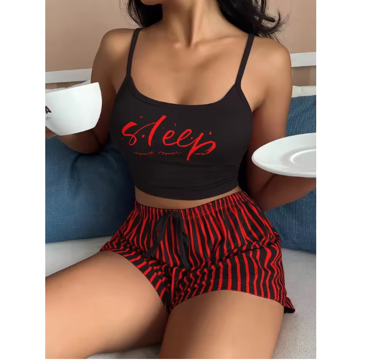 2pc Women Pajamas Set Sleepwear  Home Clothes Tops And Shorts Cute Soft Sleeveless Nightwear For Girl Fast delivery within 1-5 days