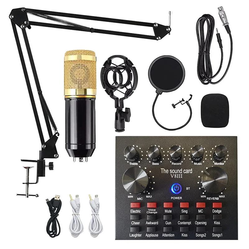 "BM800 Studio Condenser Microphone Bundle with V8 Sound Card Set - High-Fidelity Wired Microphone Kit for Professional Audio Recording, Singing, Podcasting, Karaoke, and Live Broadcasting"