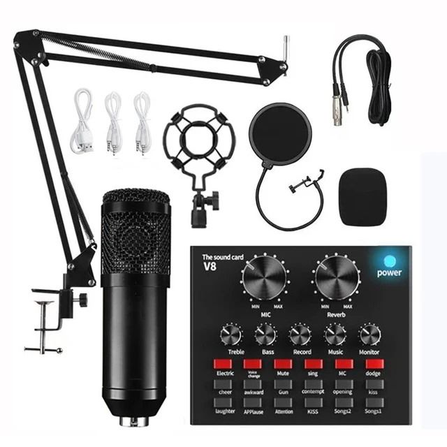 "BM800 Studio Condenser Microphone Bundle with V8 Sound Card Set - High-Fidelity Wired Microphone Kit for Professional Audio Recording, Singing, Podcasting, Karaoke, and Live Broadcasting"