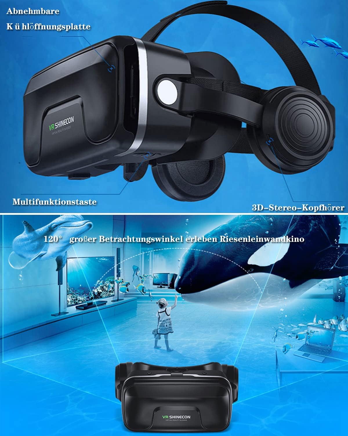 Shinecon VisionMax Pro VR Headset with Built-in Bluetooth Controller for Seamless Mobile Integration – Designed for Phones 4.7 to 7.2 Inches, Featuring Adjustable Comfort and Immersive 3D Viewing