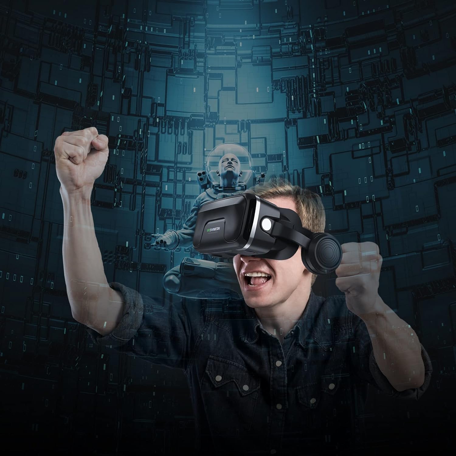 Shinecon VisionMax Pro VR Headset with Built-in Bluetooth Controller for Seamless Mobile Integration – Designed for Phones 4.7 to 7.2 Inches, Featuring Adjustable Comfort and Immersive 3D Viewing
