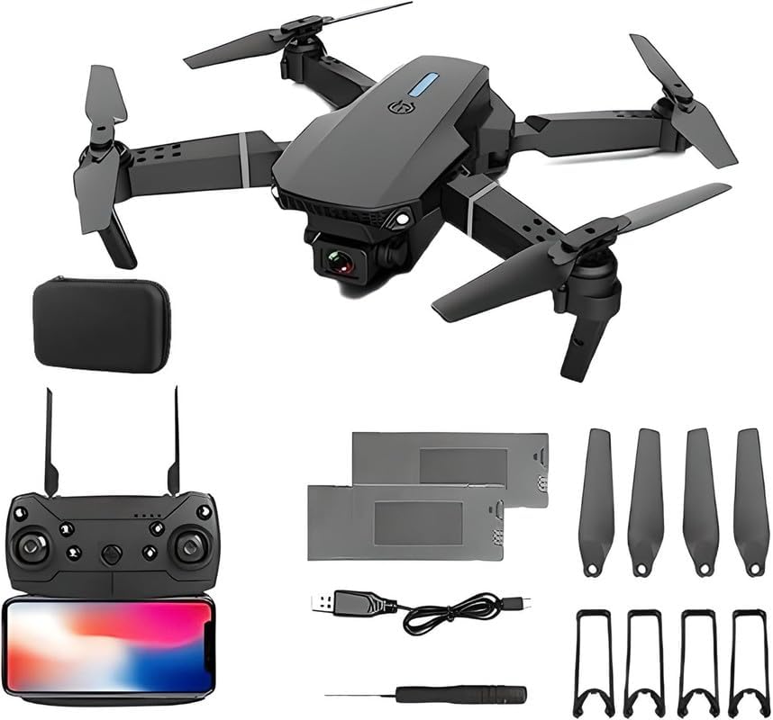 E88 Pro High-Performance Drone Featuring Dual 4K Cameras with Superior Clarity, 4-Axis Stabilization for Smooth Flight, 15 Minutes of Battery Life for Extended Exploration, and LED Lights for Optimal