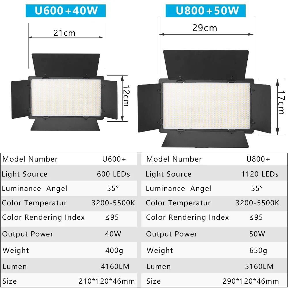 LED-600 LED Video Light Professional Photography Panel 600PCS Light Beads 3200-5600K Dimmable with 2 batteries and charger