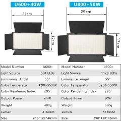 photography battery powered small 45w led Pro U600 studio video panel light with 2.1m light stand for video shooting