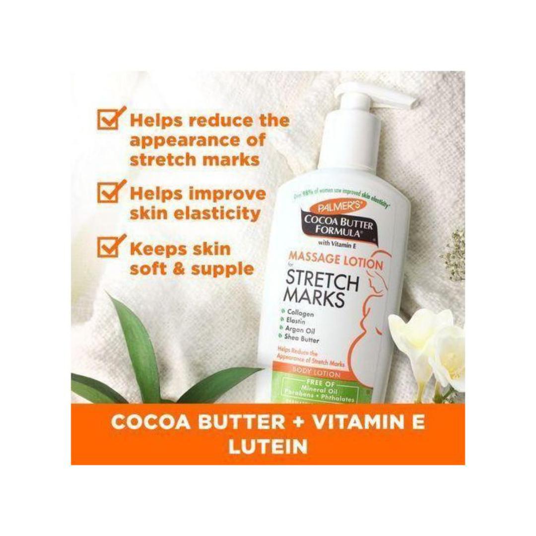 Palmer's Cocoa Butter Massage Lotion For Pregnancy Stretch Marks.Palmer's Cocoa Butter Formula Massage Lotion helps visibly improve skin elasticity and reduce the appearance of stretch marks.