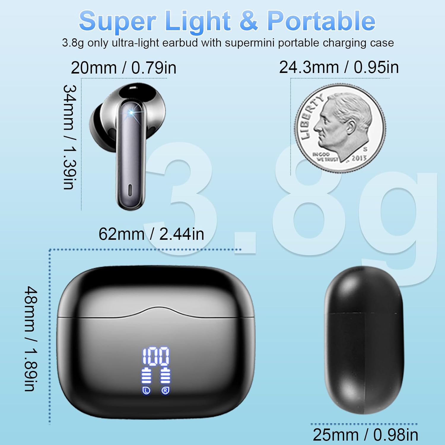 Wireless Earbuds, Bluetooth 5.3 Headphones In Ear 40h Playtime Mini Ear Buds Deep Bass, Earphones Light Weight, Bluetooth Earbuds IP7 Waterproof, Portable Design
