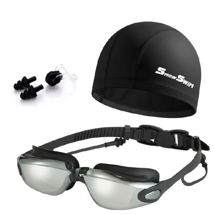 4Pcs/set Swim Goggles, Swimming Goggles Anti-Fog UV Protection Coated Lens No Leaking with Nose Clip, Earplugs, Case for Men Women Adult Youth Kids with Cap