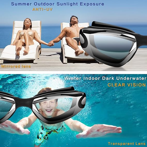 4Pcs/set Swim Goggles, Swimming Goggles Anti-Fog UV Protection Coated Lens No Leaking with Nose Clip, Earplugs, Case for Men Women Adult Youth Kids with Cap