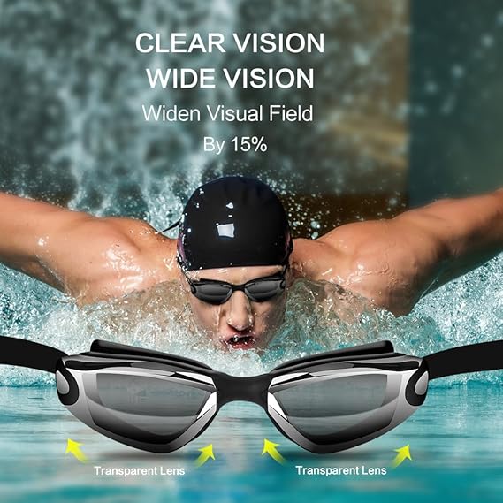 4Pcs/set Swim Goggles, Swimming Goggles Anti-Fog UV Protection Coated Lens No Leaking with Nose Clip, Earplugs, Case for Men Women Adult Youth Kids with Cap