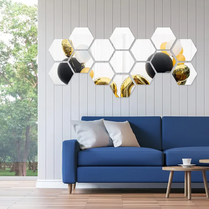 12 Pieces Hexagon Mirror Wall Sticker Removable Acrylic Mirror Setting Wall Sticker Decal Honey Comb Mirror Decal for Living Room Bedroom Home Decor