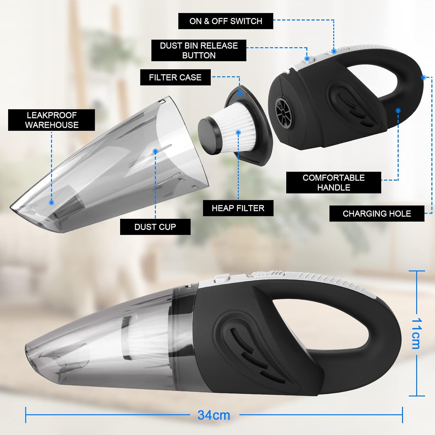 Handheld Vacuums Cordless 120W USB Rechargeable Car Vacuum Cleaner, Lightweight Wet Dry Vacuum, Car Hoover for Kitchen, Car, Office, Home, Pet Hair Cleaning